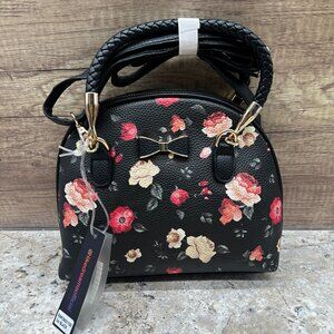 Like Dreams Black Floral Crossbody Handbag Purse Faux Leather Bow Accent New
